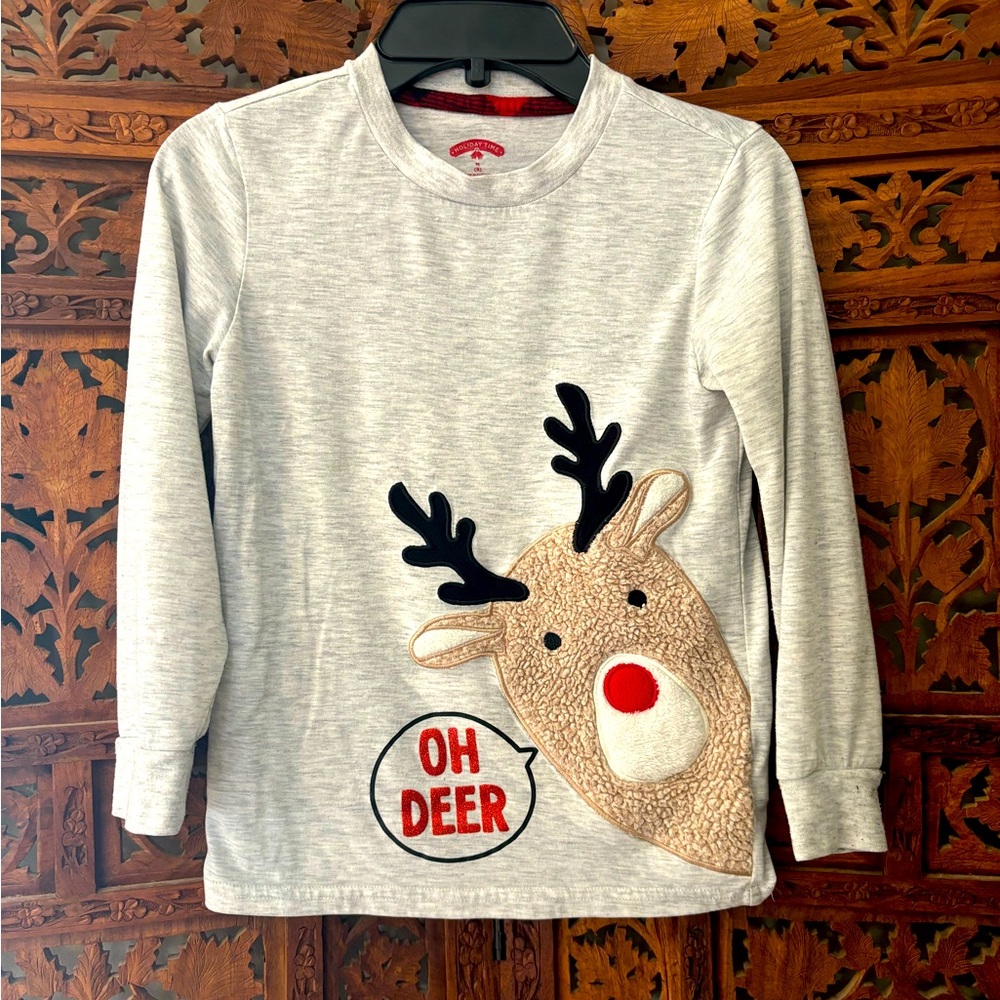 OH Deer! Holiday t-shirt on light, gray, tan black, red pajama fun